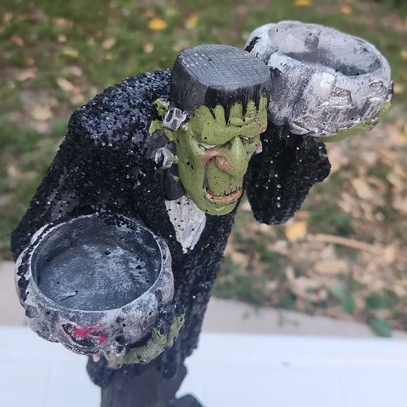 Frankenstein Halloween , Long Pumpkin Candle Holders W Glitter Detail "Beware" - Picture 4 of 8